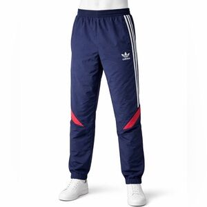 Adidas Men’s Dark Blue Nylon Track Pants with White Stripes and Red Accents